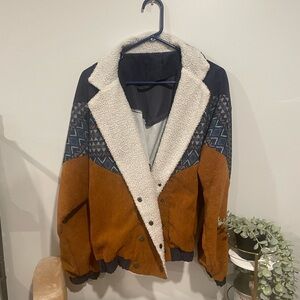 Rust Corduroy Teddy-Lined Jacket with Geometric Detail